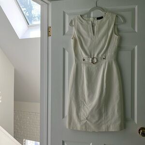 Tahari white structured shift dress with gold accents size 2
